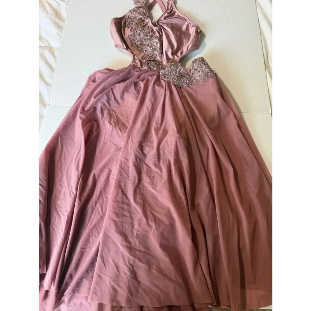 Pink custom solo Dance costume embellished asymmetrical Leotard dress SA adult